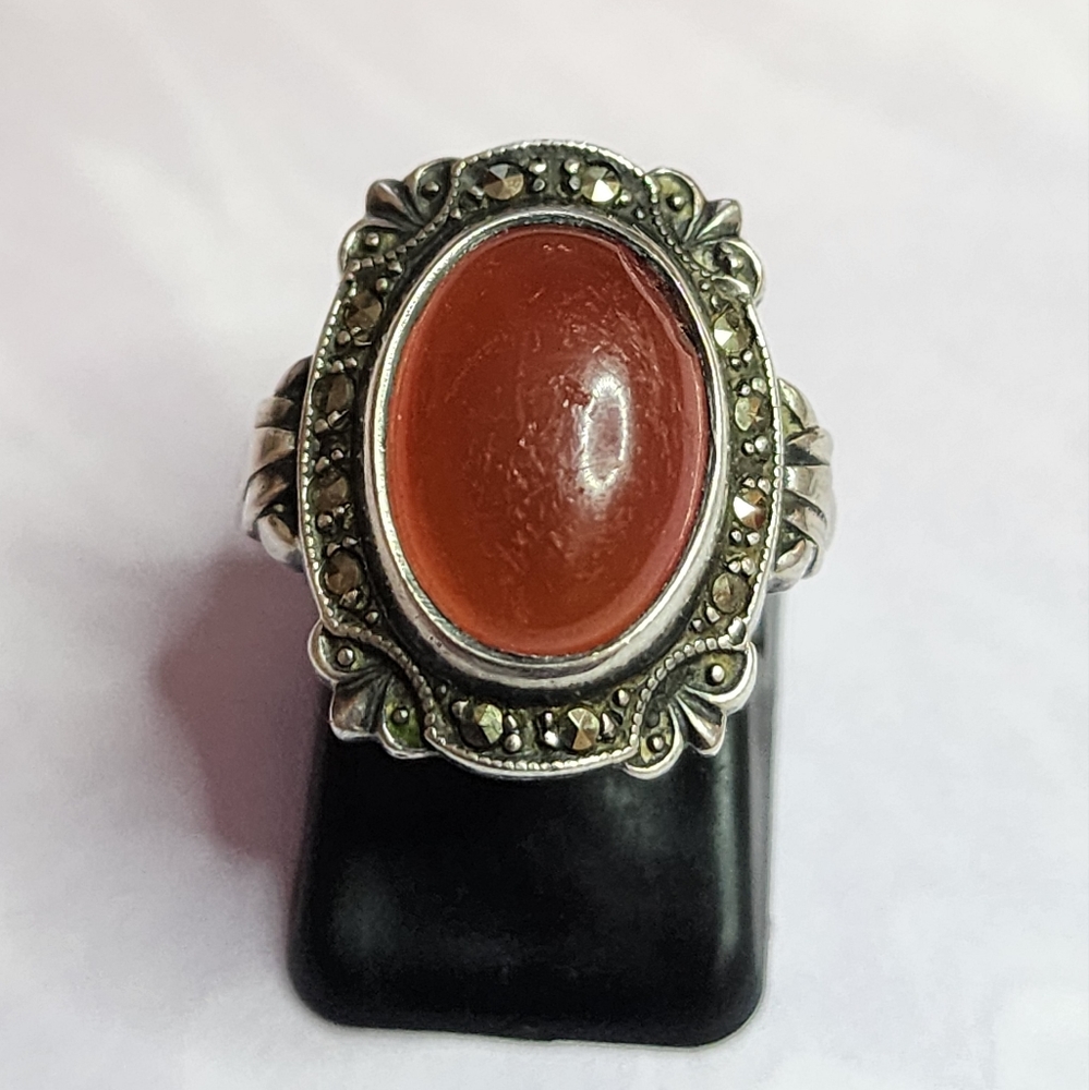 Vintage Carnelian, Marcasite, and Sterling Ring - Picture 2 of 5